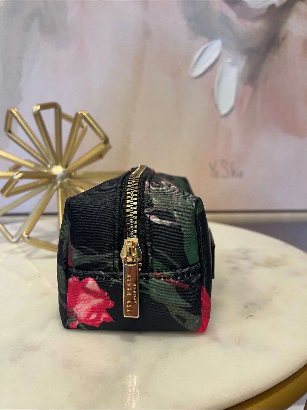 NWOT Ted Baker Black Floral Zip Cosmetic Case with Pink Flowers